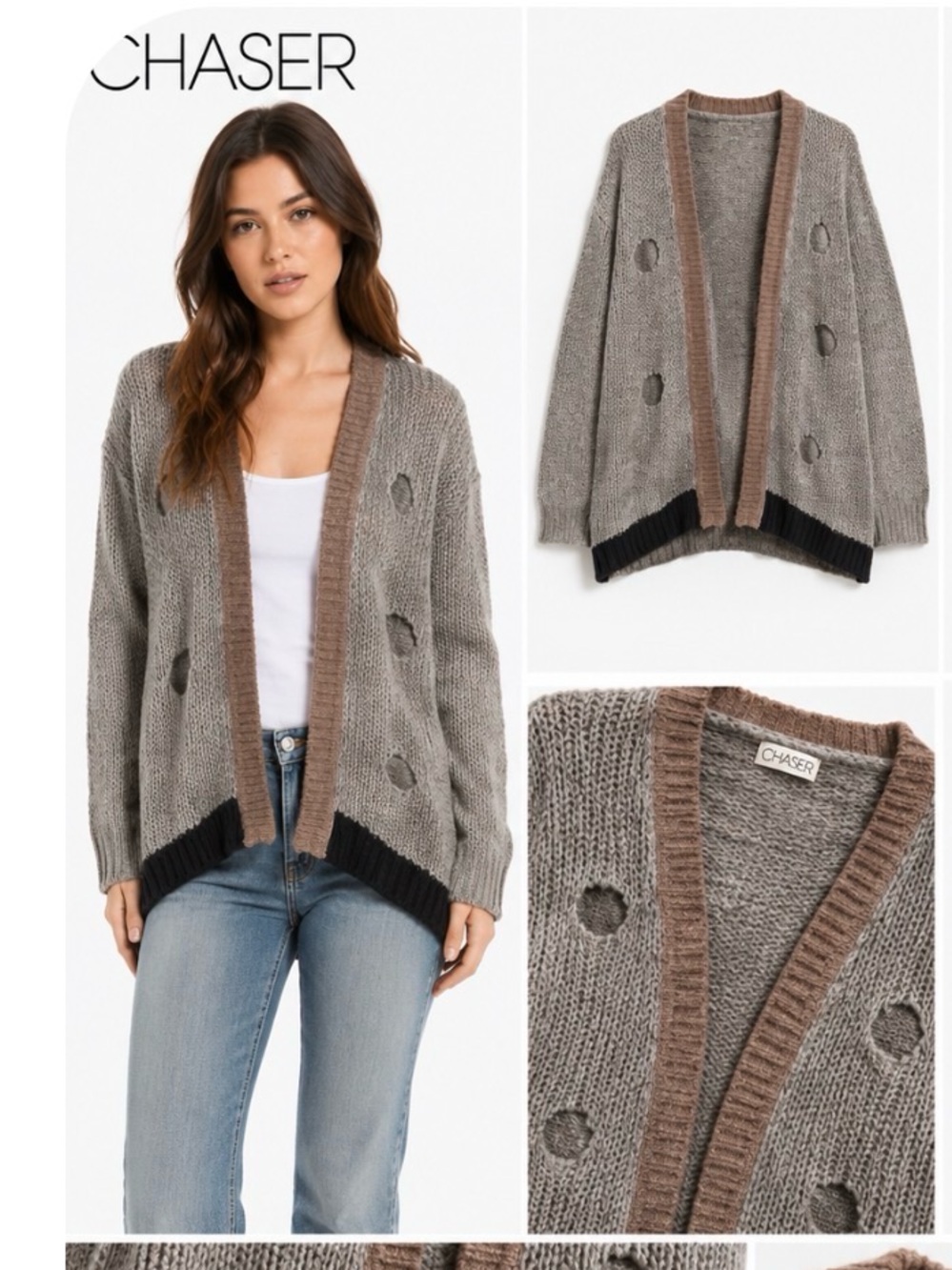 Chaser Taupe Open-Front Distressed Knit Cardigan with Brown Trim